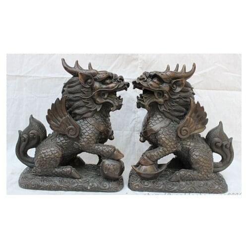 Xd 001942 10" Chinese Pure Bronze Protect BiXie Fly Dragon Kylin Ball YuanBao Statue Pair
