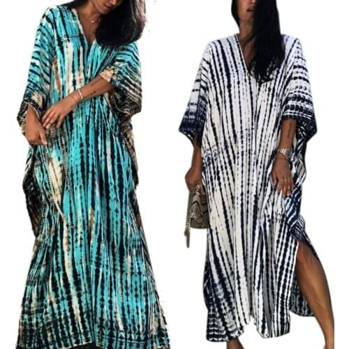 Women Summer Plus Size Maxi Kaftan Tie-Dye Striped Print V-Neck Boho Hippie Beach Dress Loose Bikini Swimsuit Cover Up