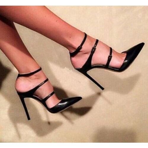 Moraima Snc Lady Fashion 3 Straps Pointed Toe Pumps Woman Buckle Strap Summer Slingback Shoes High Heel Party Dress Shoes