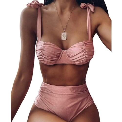 2020 High Waist Bikini Sets Women Solid Pink Pleated Swimsuit Padded Push-Up Bra Bathing Suit Ladies Bandage Swimwear Beachwear