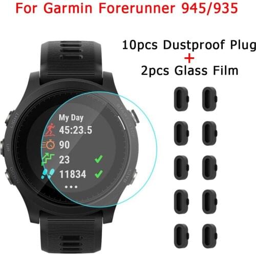 10pcs Dustproof Plug Cover Cap + 2pcs Screen Protective Glass Film Smart Watch Protector for Garmin Forerunner 935 945