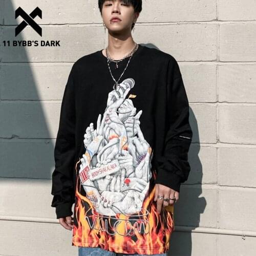 11 BYBBS DARK Streetwear Fire Flame Print Harajuku Long Sleeve Tshirt Men 2021 Spring Hip Hop Tshirts Loose Cotton Oversized