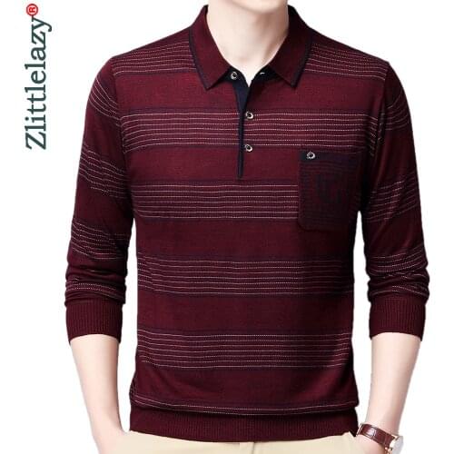 2021 Pocket Long Sleeve Polo Tee Shirt Men Casual Striped Mens Clothing Polos Shirts Mens Fashion Slim Fit Poloshirt Tops 4597