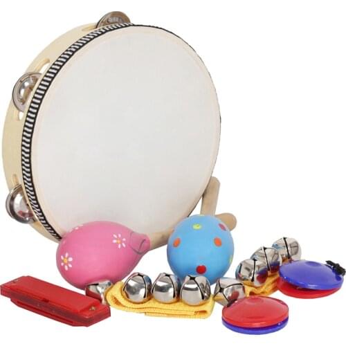 8pcs/set Musical Toys Band Rhythm Kit Including Tambourine Maracas Castanets Handbells Harmonica for Kids as Chrismas Gifts