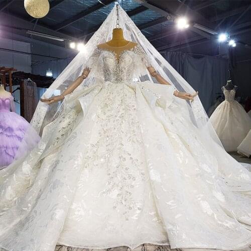 Crystals White Shiny Bridal Wedding Dress Luxury Elegant V-neck Transparent Lace Flowes Wedding Gown Puffy Big Bridal Dresses