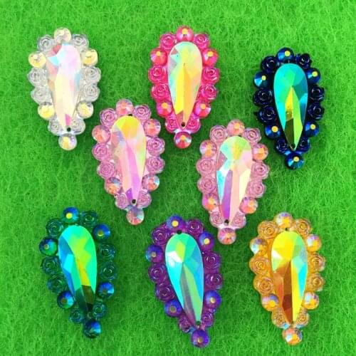 Hot-30 PCS/lot 28*16mm plating AB water droplets shape rhinestone wedding resin button 2 hole drilling -B592*3
