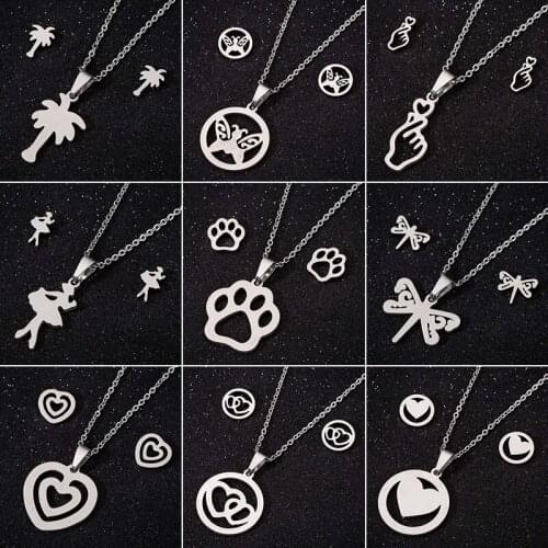 Jisensp Cute Paw Butterfly Jewelry Sets Stainless Steel Animal Coconut Tree Necklace Ballet Heart Earrings Stud for Women brinco