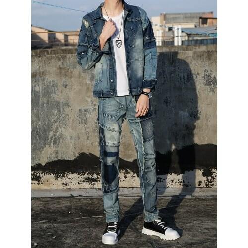 Retro Mens Denim Jacket Jeans Pants 2pcs Set Holes Patch Motor Mens Clothes Size M-4XL