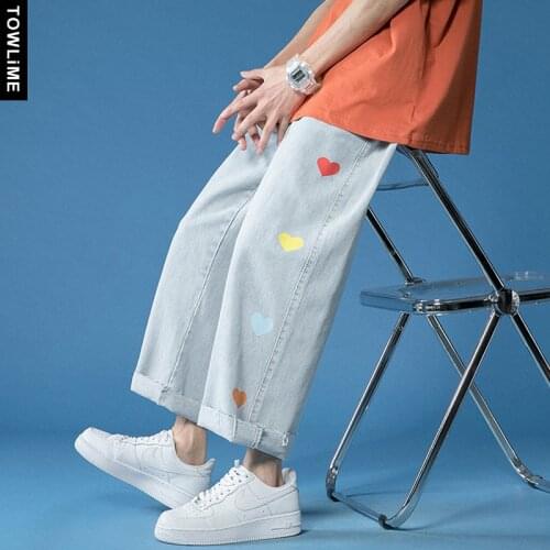 Mens Korean Fashion Wide Leg Light Blue Denim Jeans Original Heart Print Straight Pants Women Loose Baggy High Waist Pantaloons