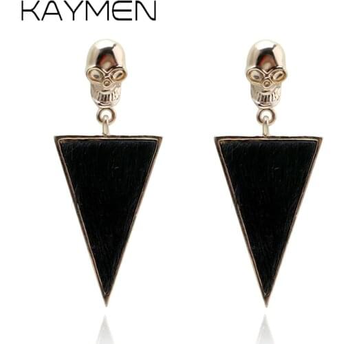 New Arrivals Golden Fashoin Chunky Triangle Punk Skull Earrings Inlaid Real Leather Statement Drop Dangle Earrings EA-03073