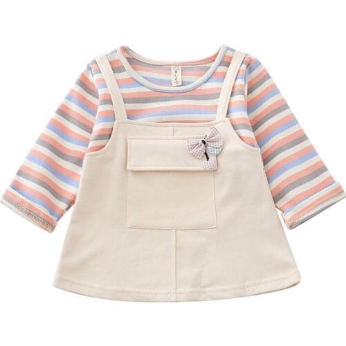 Dresses Baby Girl Stripe Fake Two Piece Cute Bowknot Spring Newborn Cotton Comfortable Casual Clothes Full Sleeve Toddler Kids
