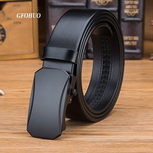 Business Belt Men Cowskin Genuine Luxury Leather Belts for Men Strap Male Metal Black Automatic Black Buckle
