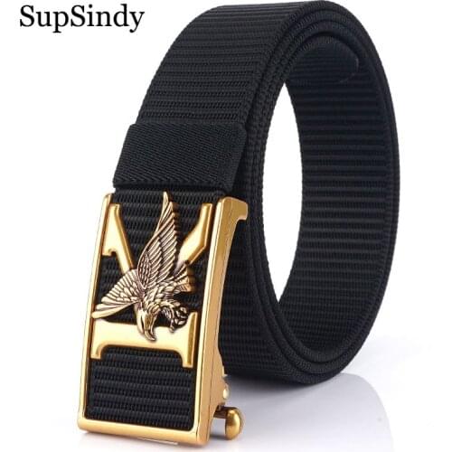 SupSindy Mans nylon belt luxury gold Eagle metal automatic buckle Canvas Belts for men fashion jeans Waistband black male strap