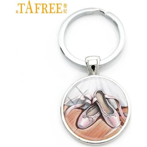 TAFREE a pair Pink Ballent Shoes keychain sweet romantic elegant key chain round Glass for women Rhodium Plated jewelry NS131
