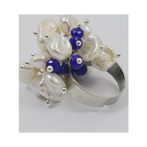 Unique Pearls Jewellery White Pearl Ring Baroque Genuine Freshwater Pearls Blue Stone Jewelry Charming Women Gift