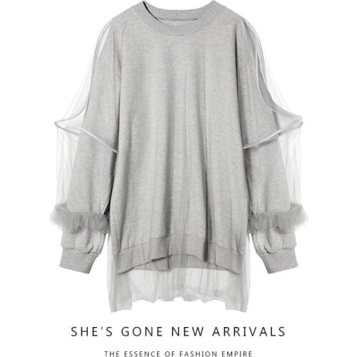 Spring autumn Woman new temperament mesh stitching Slim sweet tops Hong Kong flavor Gray Long Mesh loose Sleeve Round Hoodie