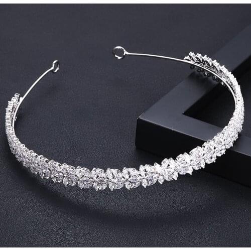 Accking luxury leaves glittering Crown Wedding Bridal Cubic Zirconia white plated zircon tiara headband For women girl party