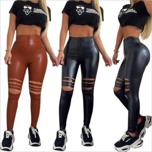 PU Y2K High Waist Pants Women Chic Hollow Out Bandage Sexy Summer Trend Leather Club Trousers Slim Streetwear