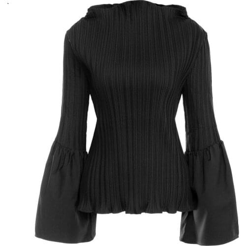 Pleated Flare Sleeve Half High Collar Top Female Mall Goth Y2K Clothes Solid Black High Street Stye 2021 Spring C982