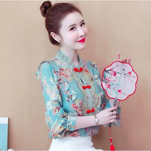 2021 Retro Button Printed Ruffled Long-sleeved Ladies Top Ethnic Pullover Slim-fit Stand-up Collar Comfortable Mesh Women Blouse