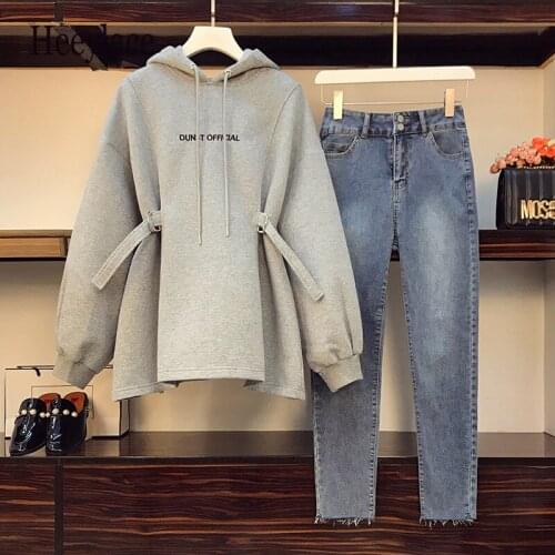 Plus 4XL Women Sweatershirt Suit Tracksuit Hoodie Top And Denim Jean Pant Two Piece Set 2021 Winter High Street Clothing Outfits