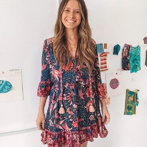 TEELYNN Ilona mini women dresses 2019 rayon Phoenix floral print autumn Dresses flare sleeve short BOHO Dresses Gypsy vestidos
