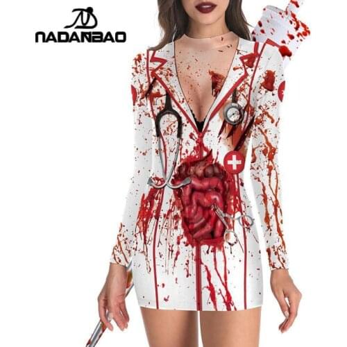 Nadanbao 2021 New Halloween Cosplay Costumes for Women Nurse Vampire Printed Mini Dress Purim Carnival Long-sleeved Clothes