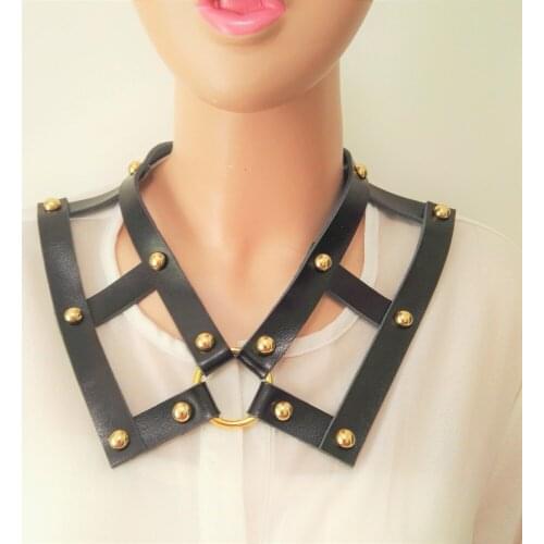 New Harajuku Hot Dark Fashion Rivet Punk Goth handmade leather Gold-color O-Round Choker belt sexy Collarn Necklaces Club Party