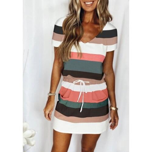 2021 Elegant Striped Short Sleeve Summer Women Dress Fashion Casual Elastic Waist Lace-Up Dress Lady Sexy V-Neck Pullover Dress