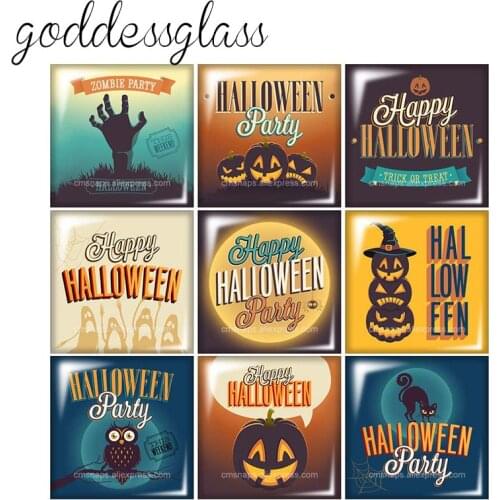 Happy Halloween Party Letters Images Square 10pcs 12mm/20mm/25mm/30mm Photo glass cabochon flat back DIY Jewelry Findings