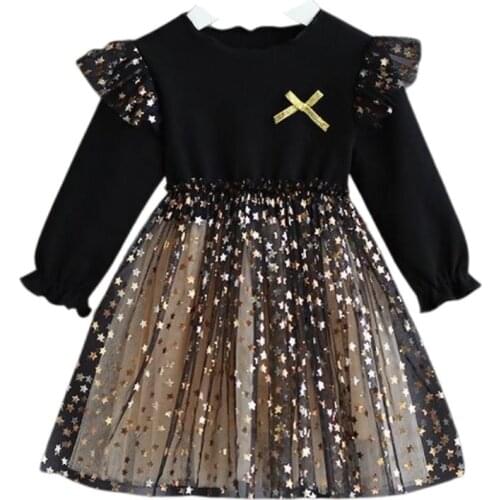 Beautiful Birthday Party Dresses For Girls Clothes Gold Stars Black Kids Costume Children Elegant Ball Gowns For 2 3 4 5 6 Years