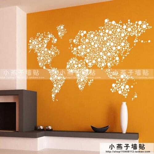 World Map Wall Stickers New Design Coffee Shop Pattern Creative Wall Decals Circles Dot Sticker World Map Decal
