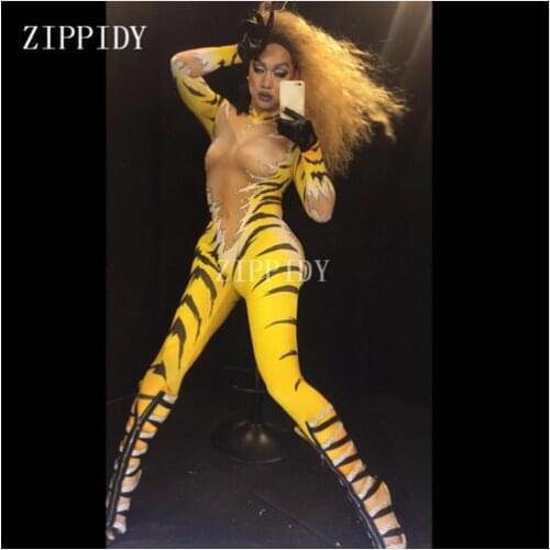 Fashion Pattern Printed Sexy Skinny Leggings Bodysuit Dancer Show Nigthclub Singer Stage Yellow Printed Rompers