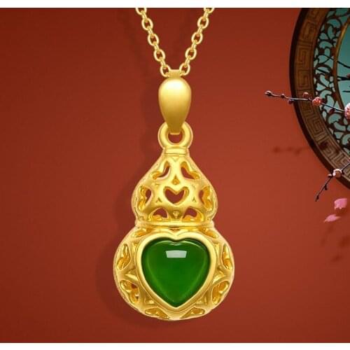 Natural Green Hetian Jasper Handmade Carved Gourd Pendant Fashion Jewelry Womens 925 Silver Inlaid Necklace Gift Accessories