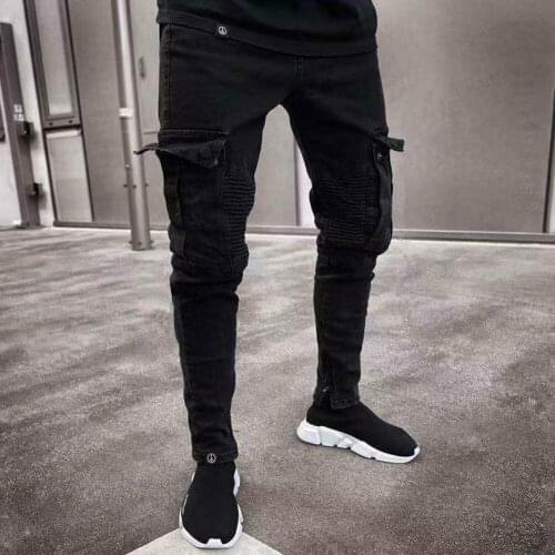 2019 New Mens Casual Long Pants Denim Skinny Biker Jeans Destroyed Frayed Slim Fit Pocket Cargo Pants Trousers