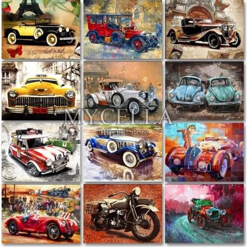 Landscape Diamond Embroidery Retro Car Motorcycle 5d Diy Diamond Painting Crystal Full Round Rhinestone Mosaic Home Decor Crafts