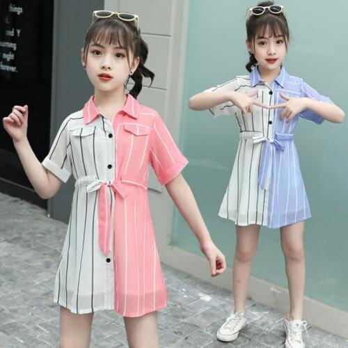 Dress Girl Striped Patchwork Party Girl Dresses Fashion Bow Belt Dress Kids Summer Fashion Clothes For Girls 6 8 10 12 14 Year