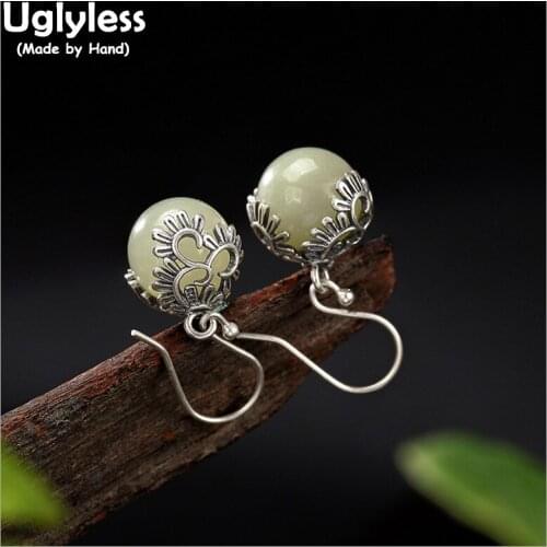 Uglyless Real 925 Sterling Silver Natural White Jade Balls Drop Earrings Vintage Handmade Hollow Women Dress Brincos Fine Bijoux