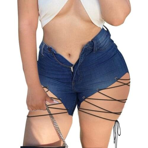 Sexy Summer Women Denim Shorts Low Waist Lace Up Bandage Hotpants Ladies Skinny Legs Strappy Hollow Out Bikini Shorts Jeans 5XL