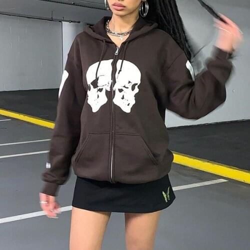 Gothic hoodie 90s vintage grunge graphic skull print punk E-girl long sleeve sweatshirt Y2k Harajuku streetwear Zip-up outerwear