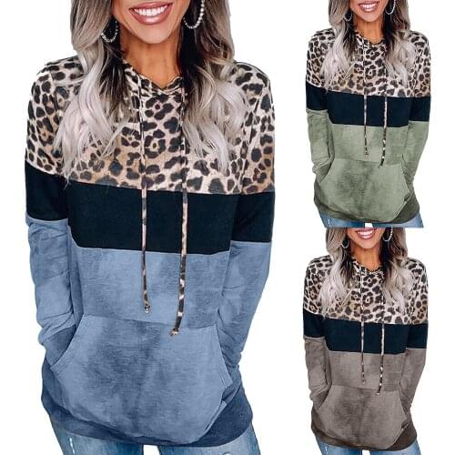 Leopard Print Hoodie Women Patchwork Hooded Sweatshirt Harajuku Loose Long Sleeve Pullovers Hoody Autumn Sweatshirt with Pockets