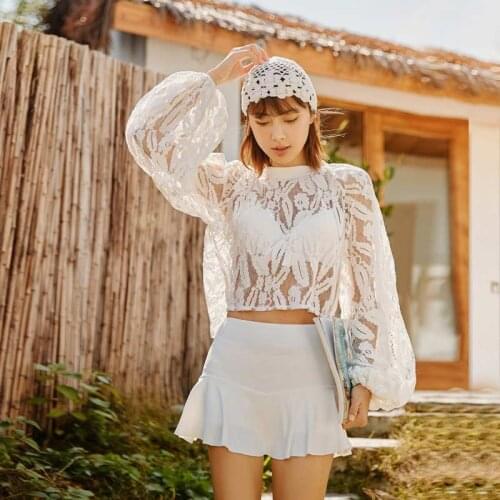 2019 New Three pieces Swimsuits Women Bikini Sets Girl white Swimwear Women Push Up Tankini Set Swimsuit Lace Cover Up