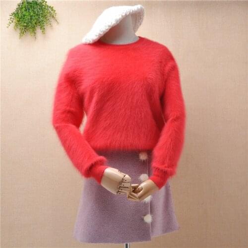 Ladies women fashion hairy angora rabbit fur knitted long lantern sleeves slim pullover mink cashmere winter jumper sweater pull