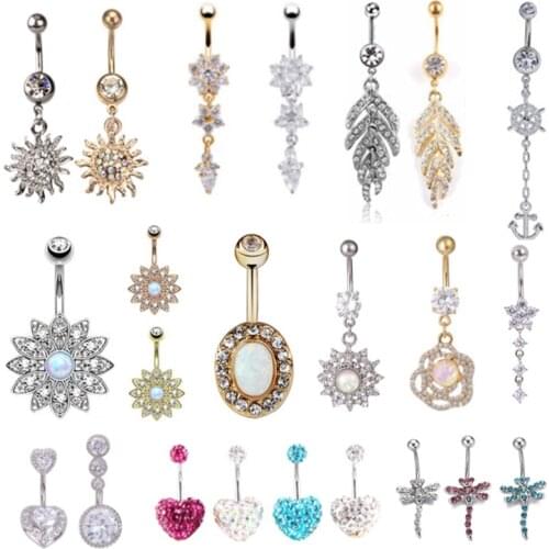 1PCS Flower Dangling Navel Belly Button Piercing Ring Bent Barbells Opal Belly Chain Jewelry Stainless Steel Women Body Jewelry