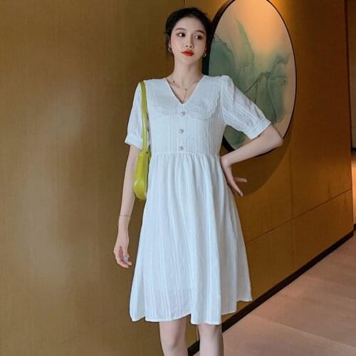 618# Summer Korean Fashion Maternity Dress Chic Ins A Line Slim Waist Clothes for Pregnant Women Elegant White Cotton Pregnancy