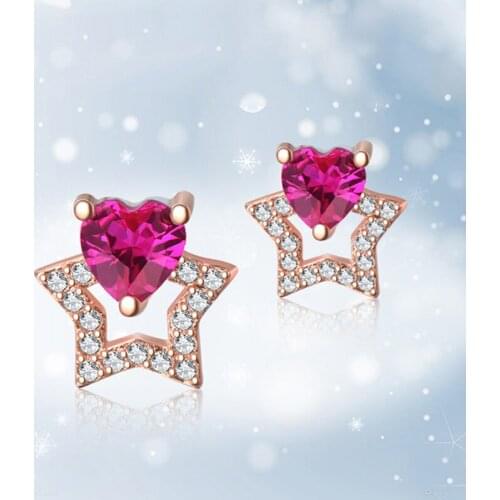 925 Sterling Silver Plated 14K Gold Shiny Zircon Pink Heart Star Wedding Charming Luxury Earring Jewelry for Women Gift New
