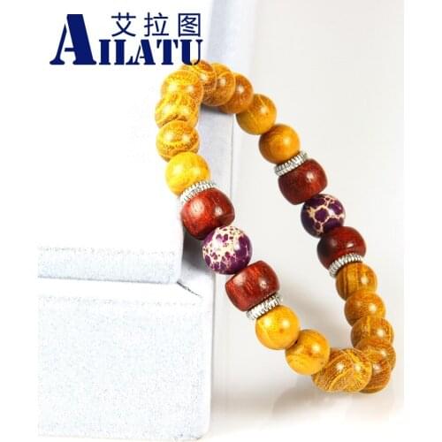Ailatu New Designs Wood Jewelry 8mm Natural Yellow Wood with Sea Sediment Beaded Couples Bracelet