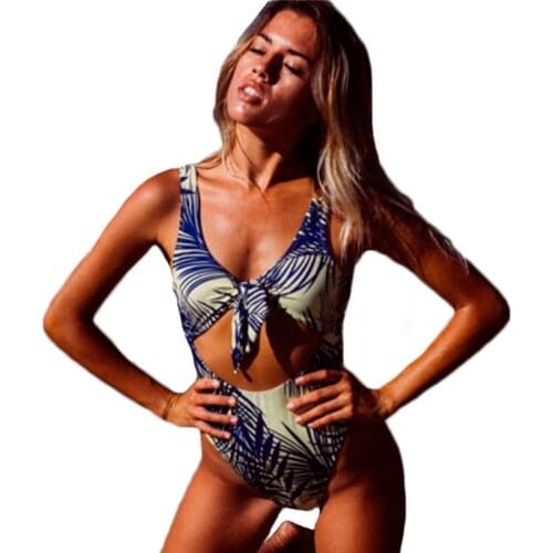 One piece bathing suits women printed 2018 summer bikinis halter bandage backless Push up femme Brazilian monokinis Beachwear