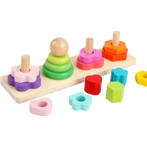Kids 4-Column Geometric Blocks Stacking Shape Matching Puzzle Game Education Toy