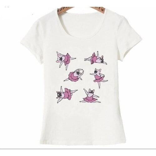 Dugujunyi 2020 Womens Funny Ballet French Bulldog Print T-Shirt New Summer Fashion White Short Sleeves Cute Girl Tees Hipster
